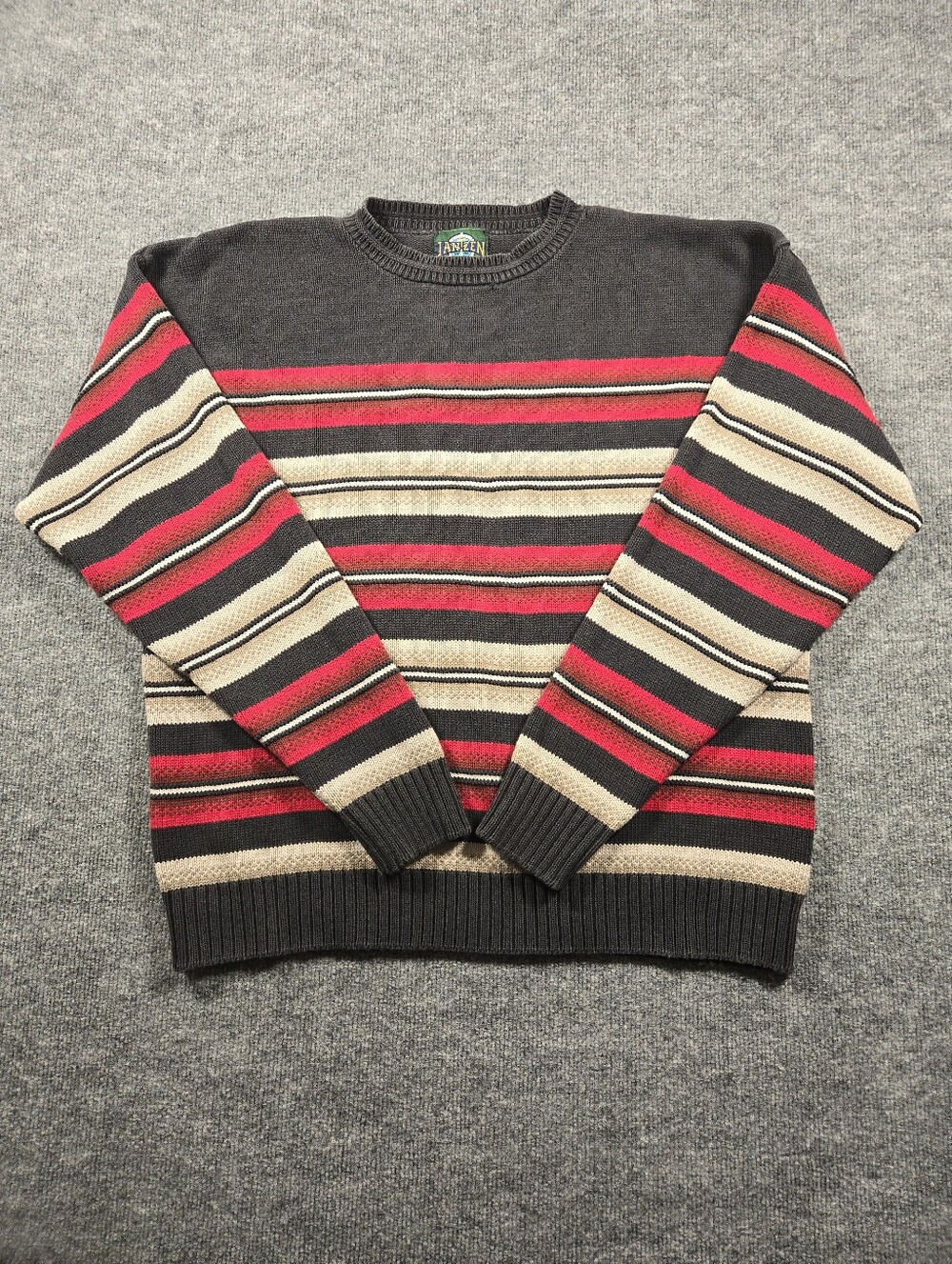 Vintage 90's Jantzen Striped Crewneck Knit Sweater XL Gray Red Beige Made in USA